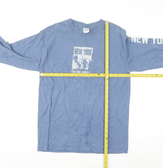 Gildan Men Blue Long Sleeve New York Graphic Cotton Top M