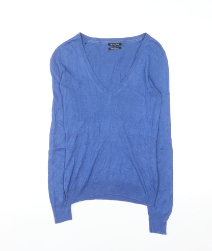 Massimo Dutti Women's Blue Silk Cotton Cashmere V-Neck Jumper S