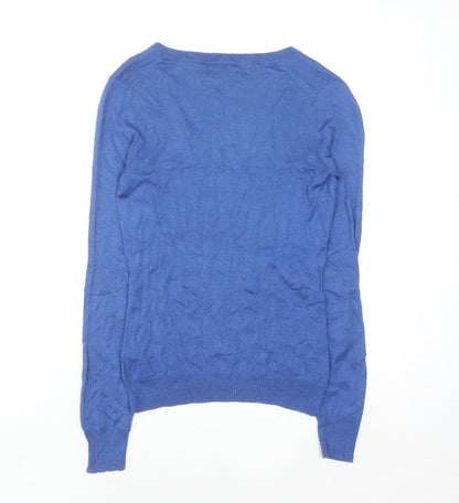 Massimo Dutti Women's Blue Silk Cotton Cashmere V-Neck Jumper S