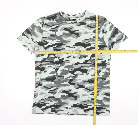 boohooMAN Men's Grey Camouflage Short Sleeve Crew Neck T-Shirt M