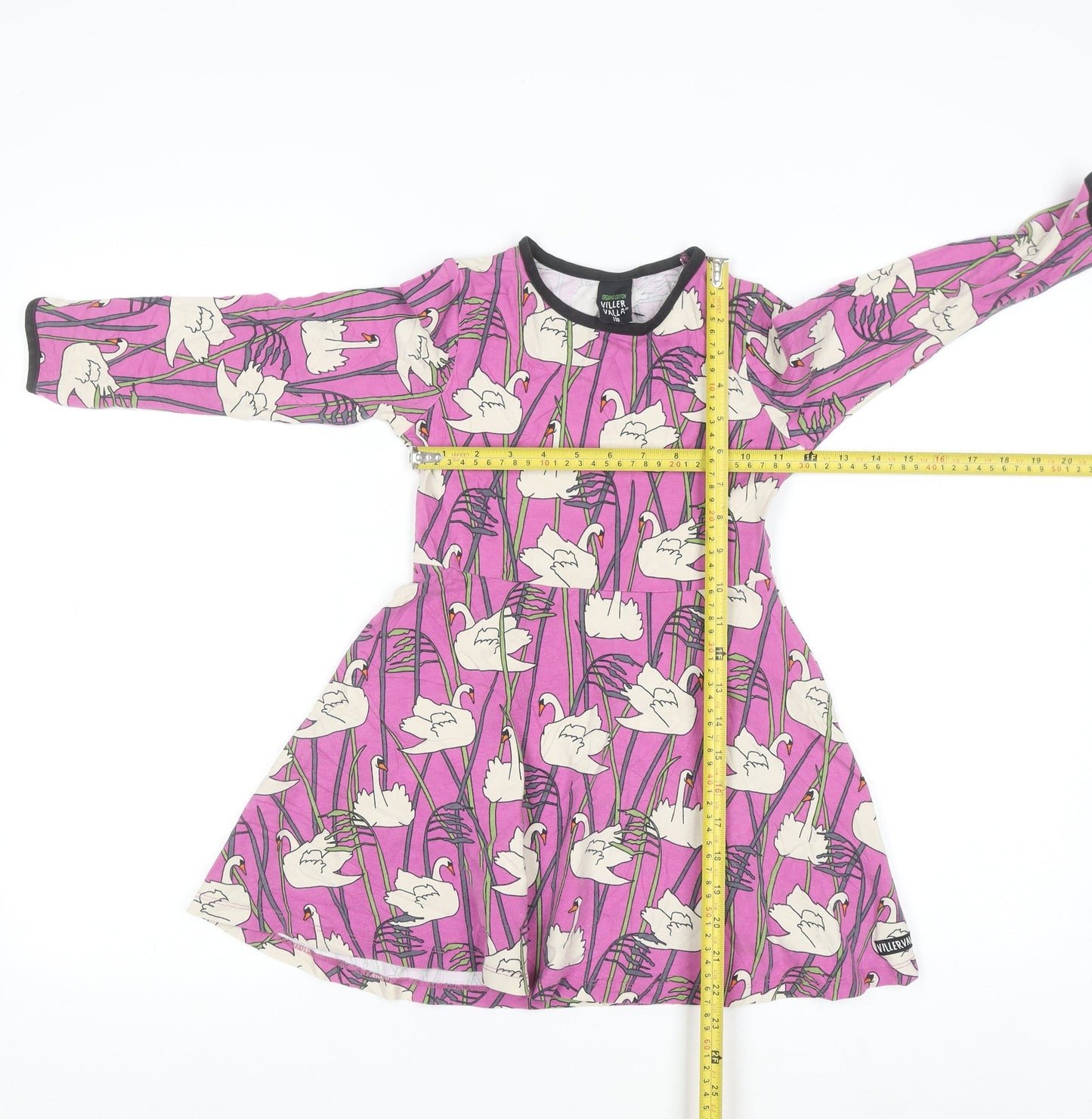 Viller Valla Girls Pink Swan Print Long Sleeve Cotton A-Line Dress 5 Years