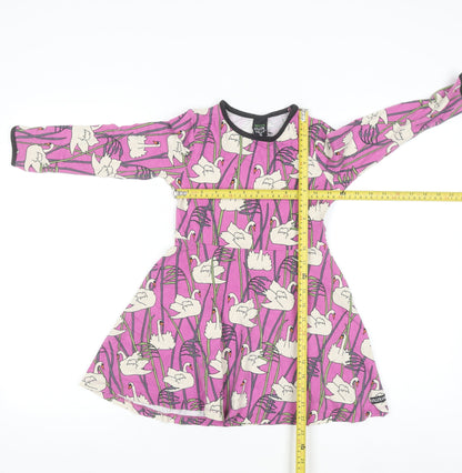 Viller Valla Girls Pink Swan Print Long Sleeve Cotton A-Line Dress 5 Years