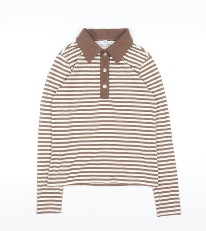 MNG Women Brown Stripe Collared Henley Jumper Size M