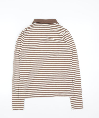 MNG Women Brown Stripe Collared Henley Jumper Size M