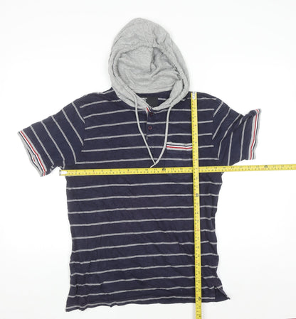 Urban Spirit Men's Blue Stripe Short Sleeve Henley Hoodie M