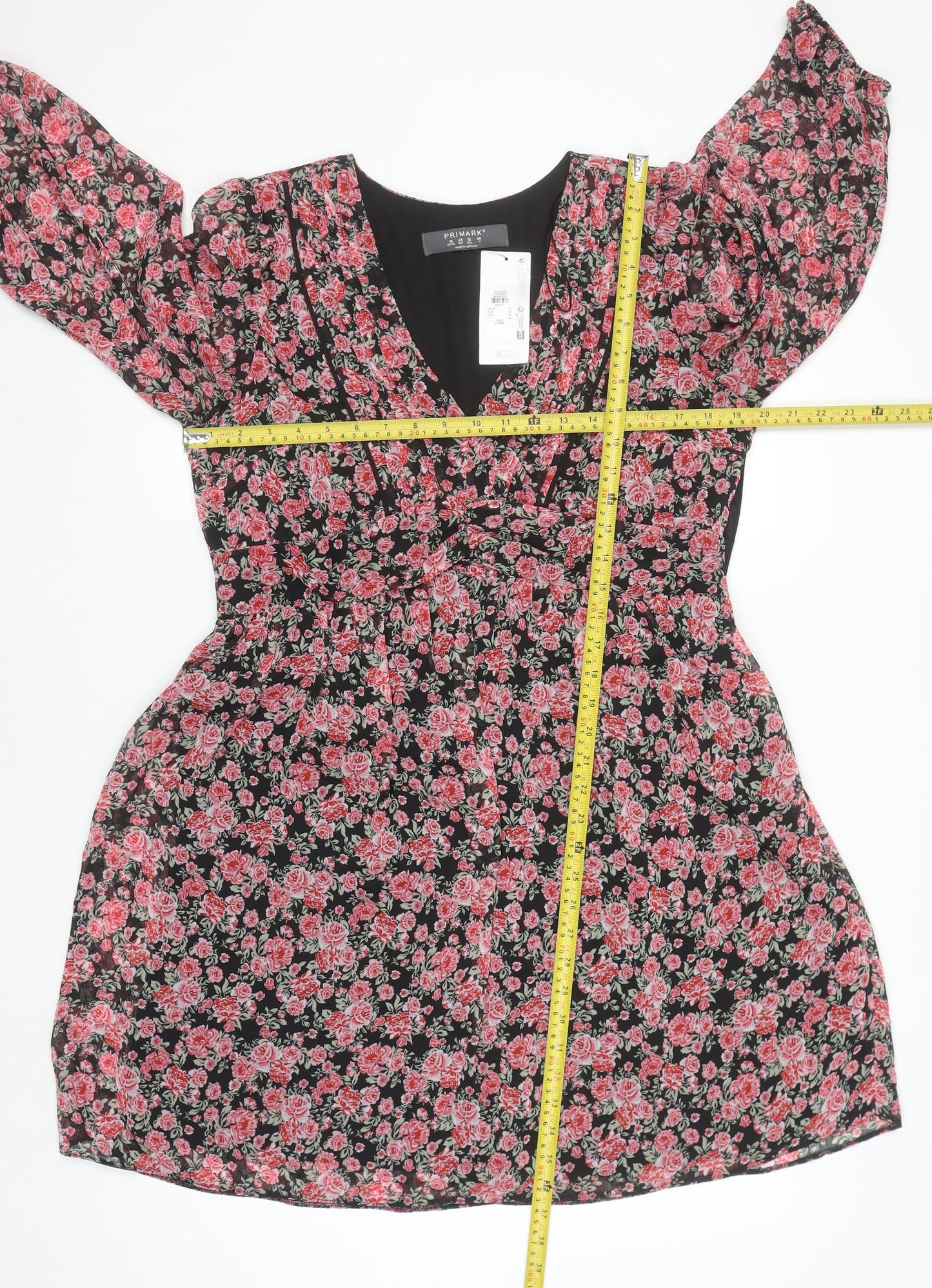 Primark Women Black Floral V-Neck A-Line Dress Size 16