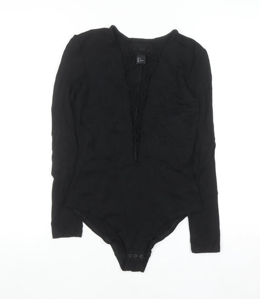 H&M Womens Black Lace-Up Long Sleeve Bodysuit Size 6 Slim Fit