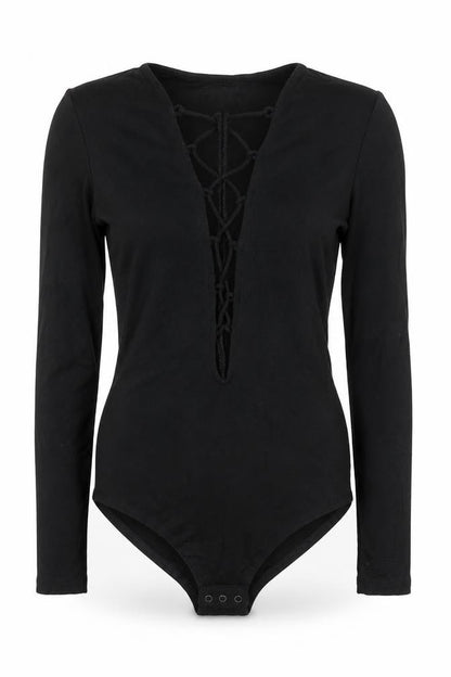 H&M Womens Black Lace-Up Long Sleeve Bodysuit Size 6 Slim Fit