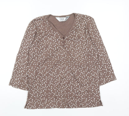 Tigiwear Womens Brown Polka Dot V-Neck Long Sleeve T-Shirt Size 14/16