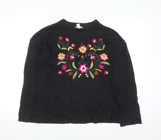 Forever 21 Women's Black Floral Embroidered Pullover Jumper Size M