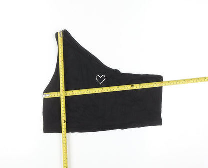 Monki Women’s Black One Shoulder Cropped Tank Top L Rhinestone Heart