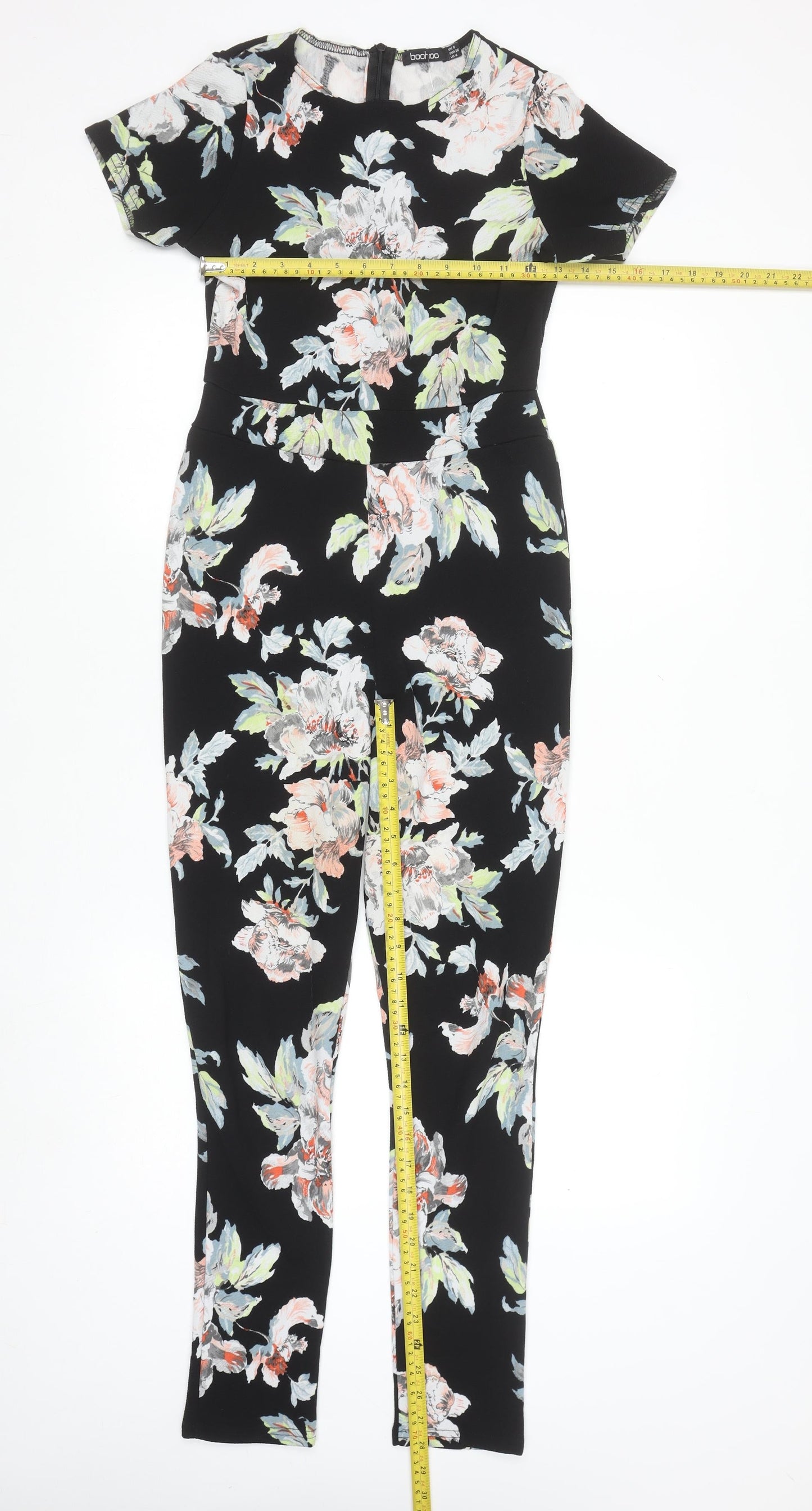 Boohoo Women’s Black Floral Print Short Sleeve Slim Jumpsuit Size 8