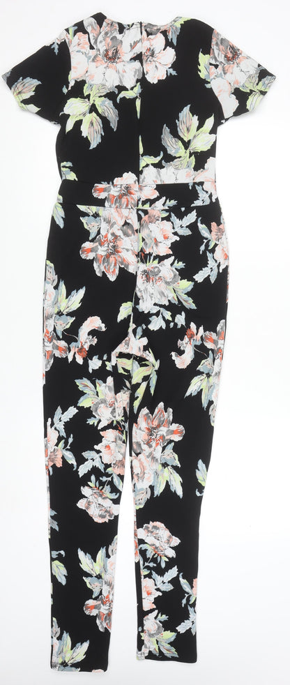 Boohoo Women’s Black Floral Print Short Sleeve Slim Jumpsuit Size 8