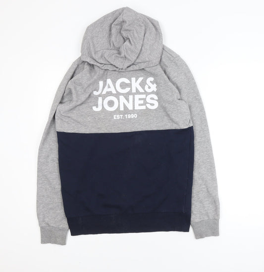 Jack & Jones Mens Grey Blue Pullover Hoodie Size M Logo Print