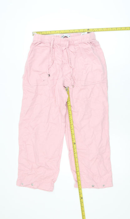 Zara Women Pink Cotton Cargo Trousers Size S Elastic Waist