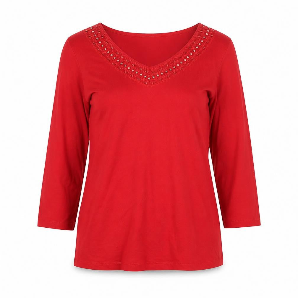Dunnes Signature Red Women’s Size 12 Beaded V-Neck 3/4 Sleeve Blouse