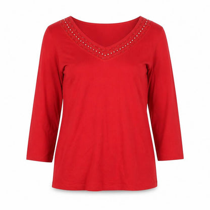 Dunnes Signature Red Women’s Size 12 Beaded V-Neck 3/4 Sleeve Blouse