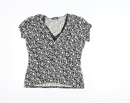 First Avenue Women’s Black Floral Wrap Style Short Sleeve Blouse Size 14