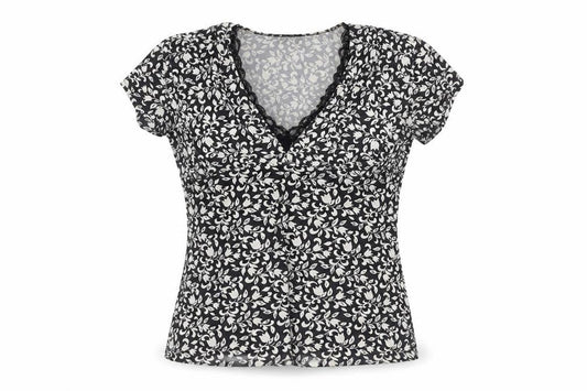 First Avenue Women’s Black Floral Wrap Style Short Sleeve Blouse Size 14