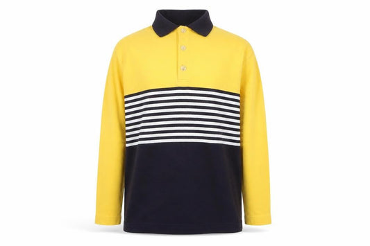 Front view of Lisa Campione Yellow & Navy Striped Long Sleeve Polo Shirt M