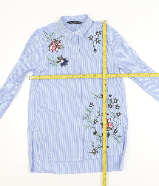 Zara Woman Blue Striped Embroidered Tunic Shirt Women’s Size 8