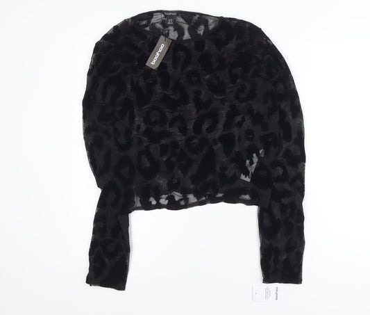 Boohoo Women's Black Animal Print Mesh Long Sleeve Cropped Blouse Size 22