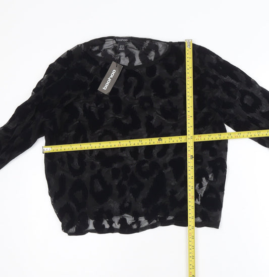 Boohoo Women's Black Animal Print Mesh Long Sleeve Cropped Blouse Size 22
