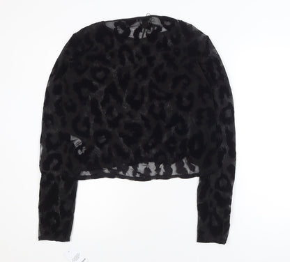 Boohoo Women's Black Animal Print Mesh Long Sleeve Cropped Blouse Size 22