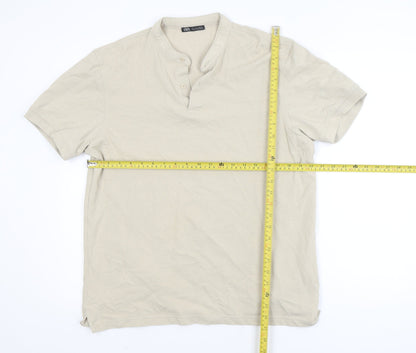 Zara Men's Beige Henley Short Sleeve T-Shirt Size L 100% Cotton