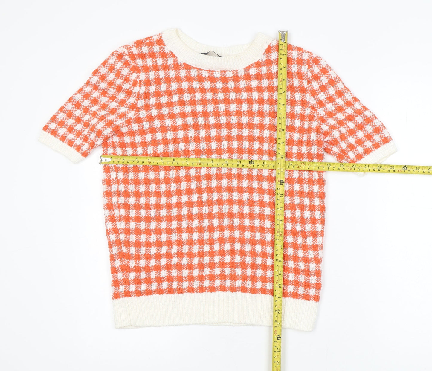 Marks and Spencer Women's Orange Check Knit Short Sleeve Top Size 12