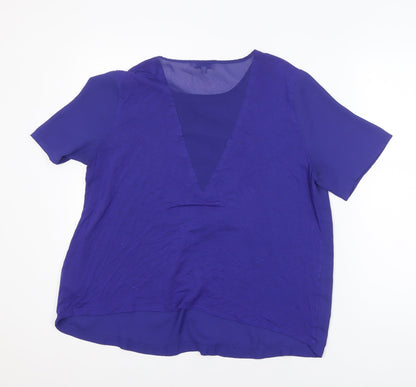 Warehouse Women's Blue Short Sleeve V-Neck Chiffon Blouse Size 16