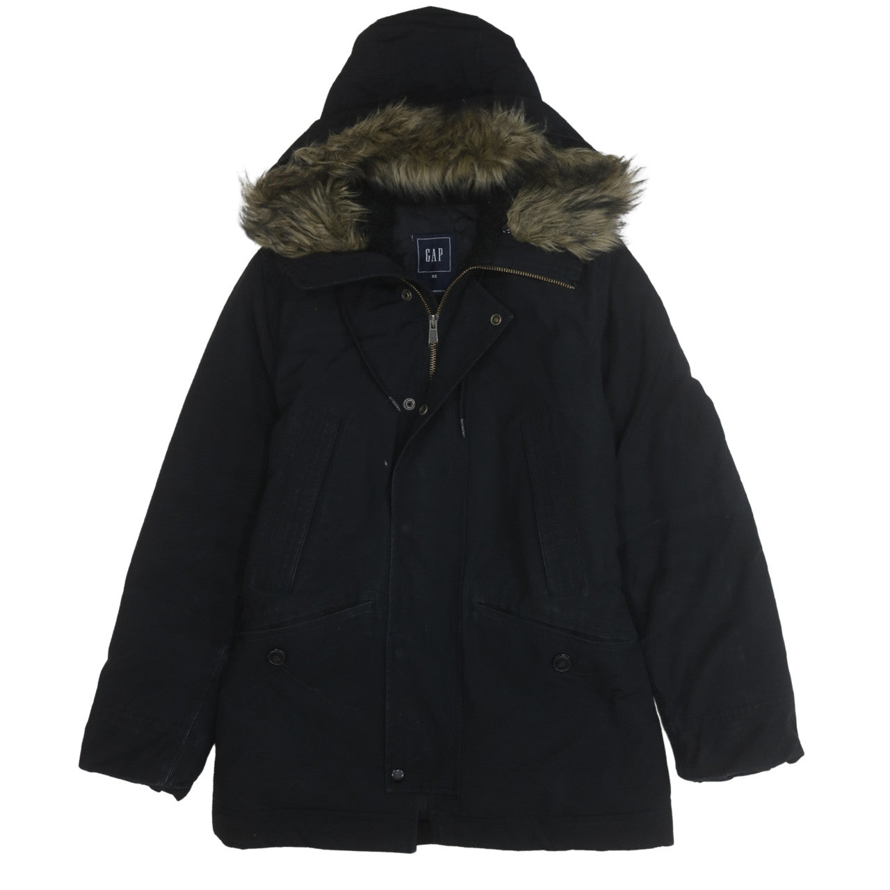GAP Mens Black XS Hooded Faux Fur Trim Parka Winter Coat