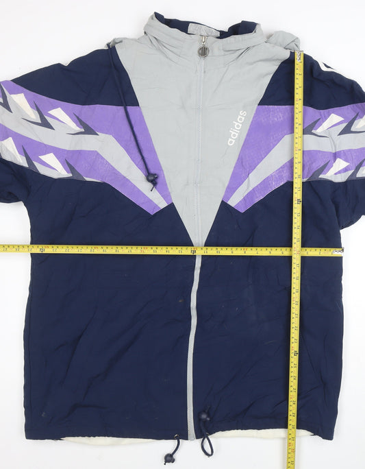 Adidas Men's Blue 90s Windbreaker Jacket Size L Retro Full Zip Hooded