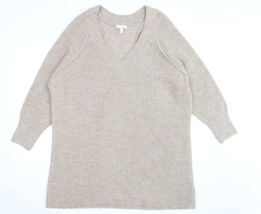 Topshop Women Beige Petite L V-Neck Chunky-Knit Jumper
