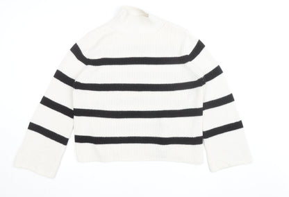 Banana Republic Women’s White Black Striped Merino Wool Mock Neck Jumper M