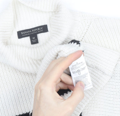 Banana Republic Women’s White Black Striped Merino Wool Mock Neck Jumper M