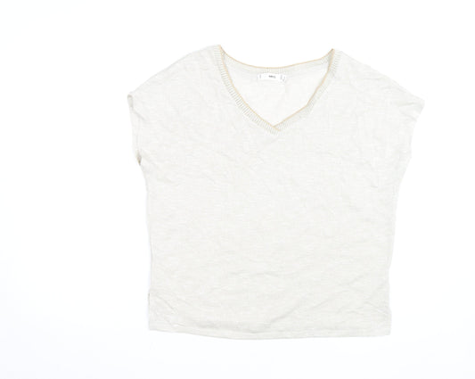 MNG Women's Beige V-Neck Short Sleeve Basic T-Shirt Size 8