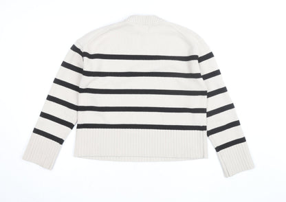 H&M Women’s Beige Black Striped Crew Neck Cotton Jumper Size 8