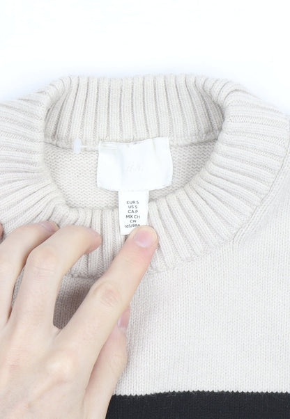 H&M Women’s Beige Black Striped Crew Neck Cotton Jumper Size 8