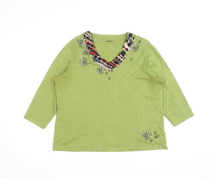 Dash Womens Green 3/4 Sleeve Embroidered V-Neck Cotton T-Shirt Size 12