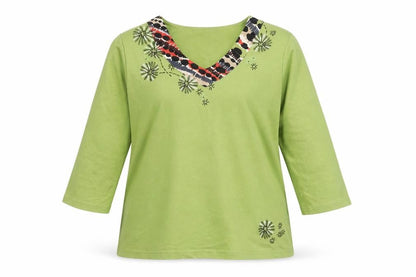 Dash Womens Green 3/4 Sleeve Embroidered V-Neck Cotton T-Shirt Size 12