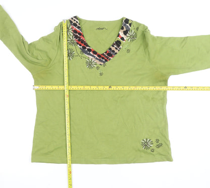 Dash Womens Green 3/4 Sleeve Embroidered V-Neck Cotton T-Shirt Size 12