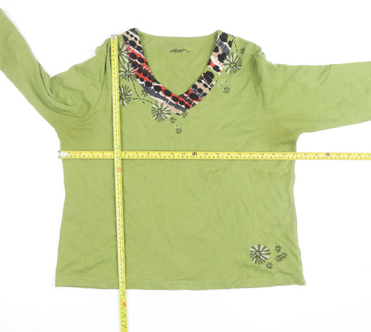 Dash Womens Green 3/4 Sleeve Embroidered V-Neck Cotton T-Shirt Size 12