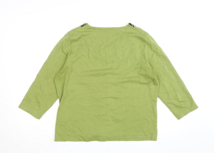 Dash Womens Green 3/4 Sleeve Embroidered V-Neck Cotton T-Shirt Size 12