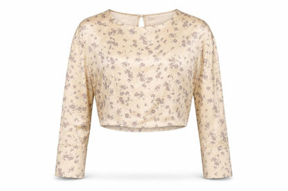 Zara Women Beige Floral Satin Cropped Blouse Size 12 Long Sleeve