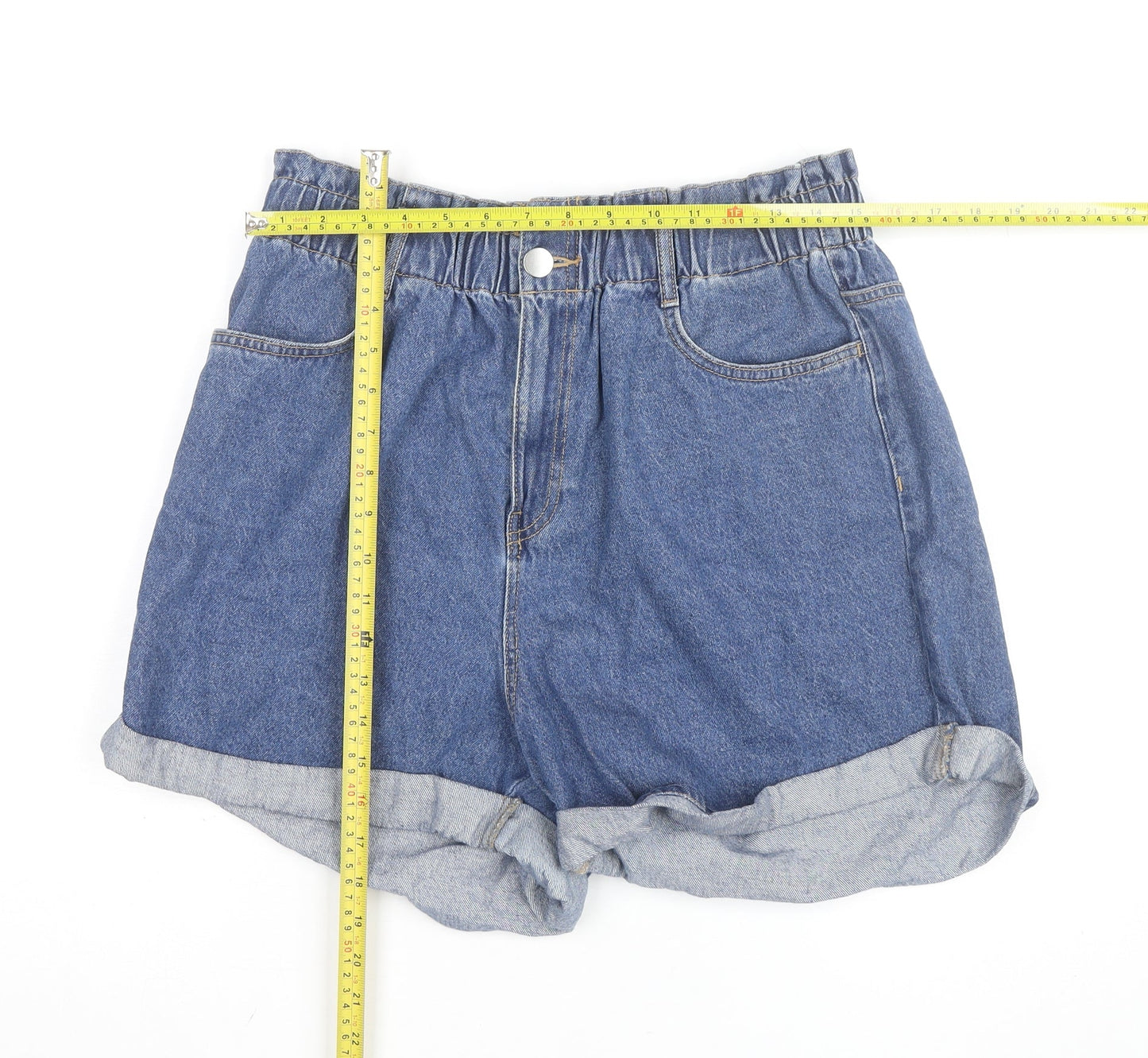 H&M Women Blue Denim Paperbag Shorts Size 12 Relaxed Fit Casual