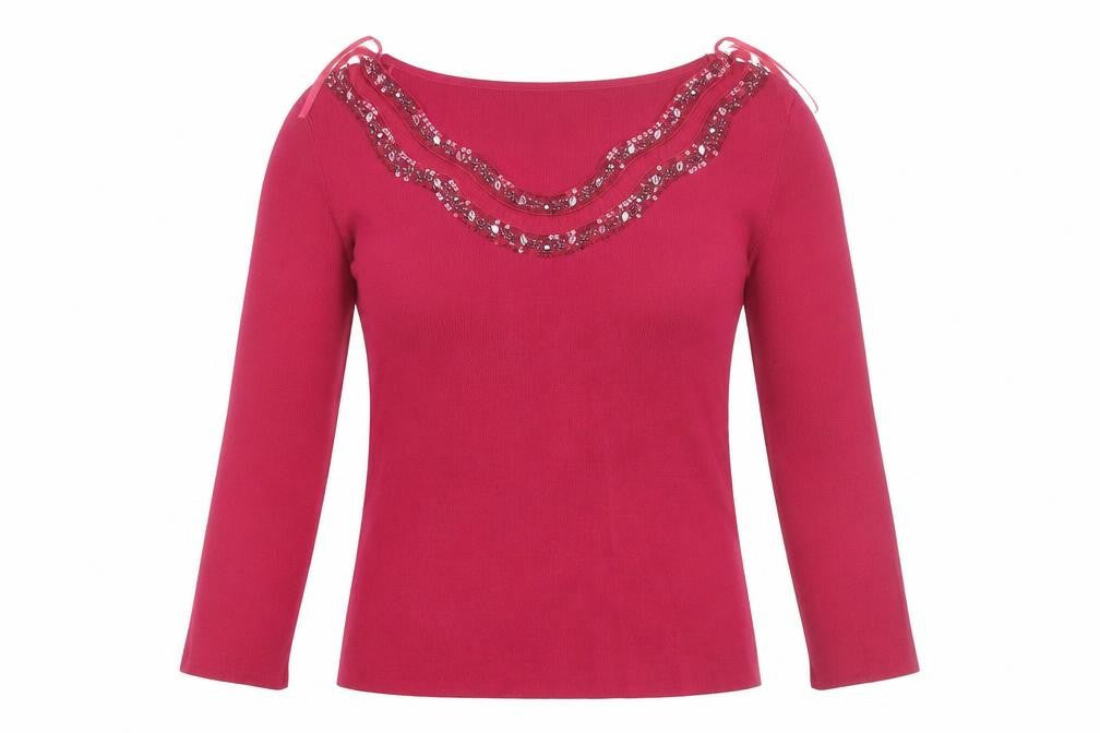SKYdesigns Women Red Beaded Knit Top Size S 3/4 Sleeve