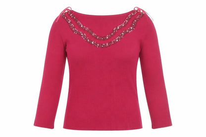 SKYdesigns Women Red Beaded Knit Top Size S 3/4 Sleeve