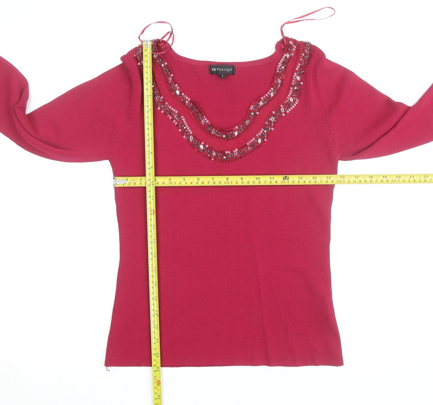 SKYdesigns Women Red Beaded Knit Top Size S 3/4 Sleeve