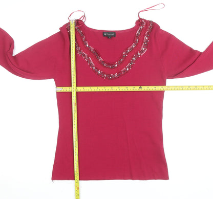 SKYdesigns Women Red Beaded Knit Top Size S 3/4 Sleeve